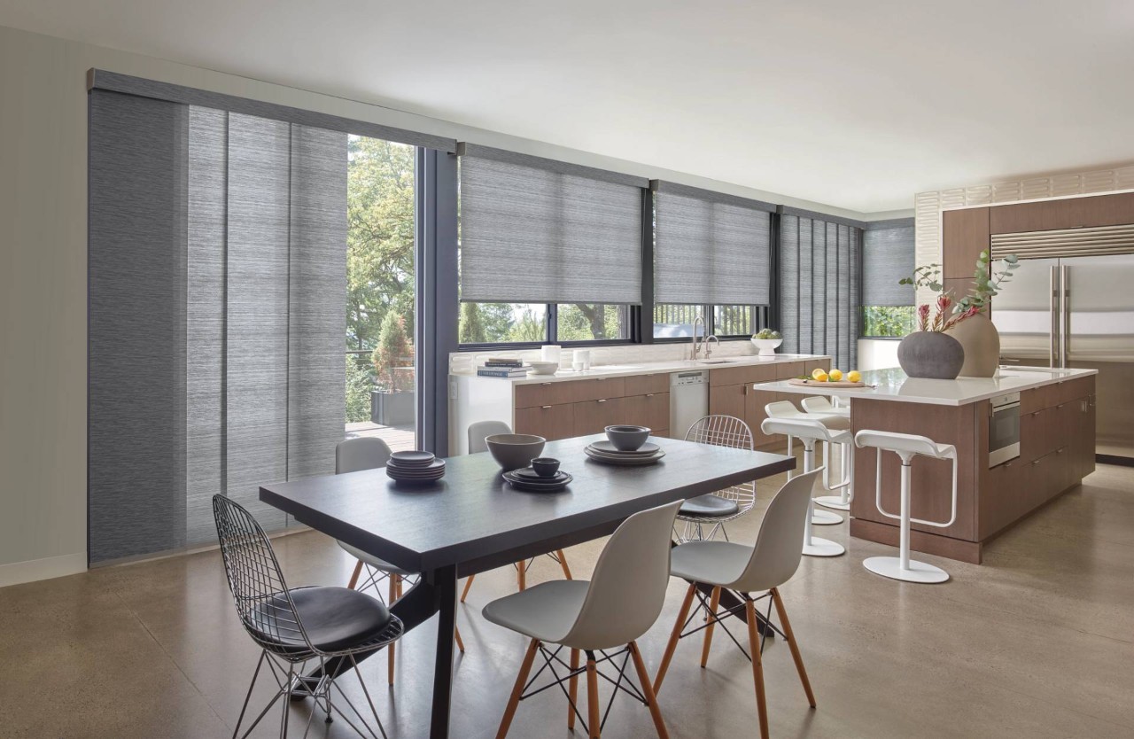 Hunter Douglas vertical blinds in a modern farmhouse kitchen near the City of Industry, CA