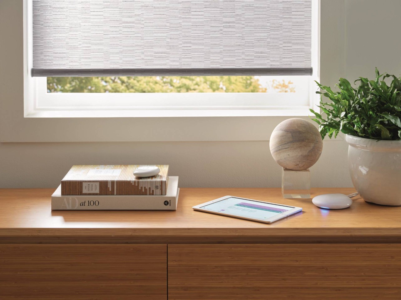Bookshelf with books and a remote control for window shades at Kao’s Pacific Interiors near City of Industry, CA